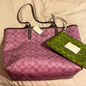 Reversible Red/Magenta Purple/Lilac Coach Tote with Green wristlet/pouch
